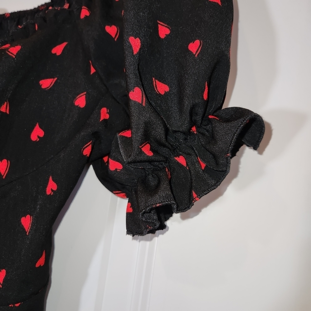 Inspired Hearts Black Dress With Red Hearts Size L Puffy Ruffle Sleeves & Neck - Picture 5 of 11